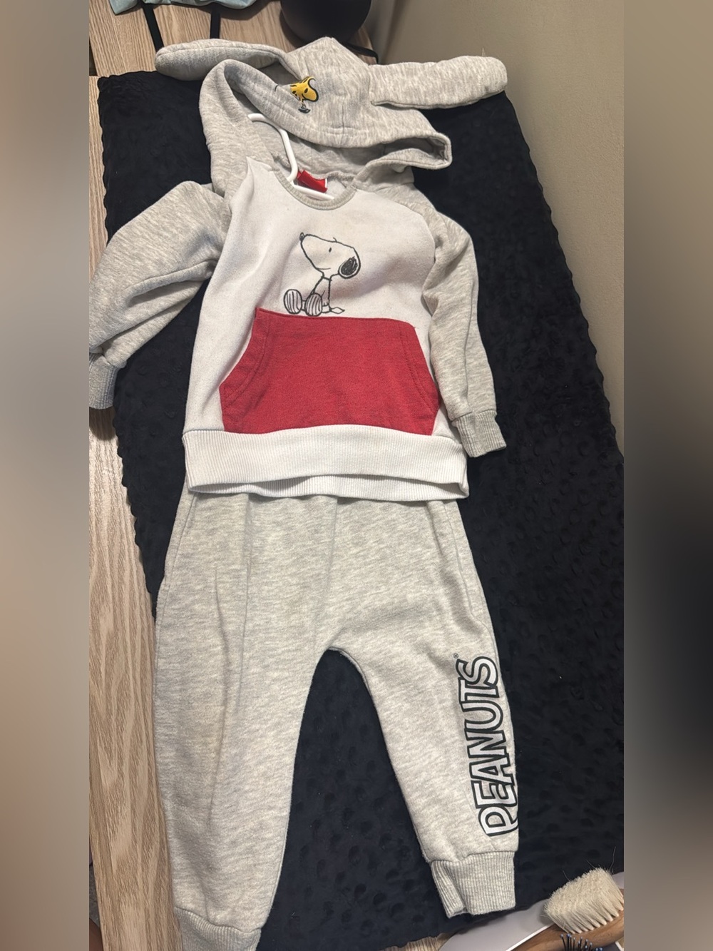Peanuts Gray Joggers with Logo Print and Red Pocket Accent